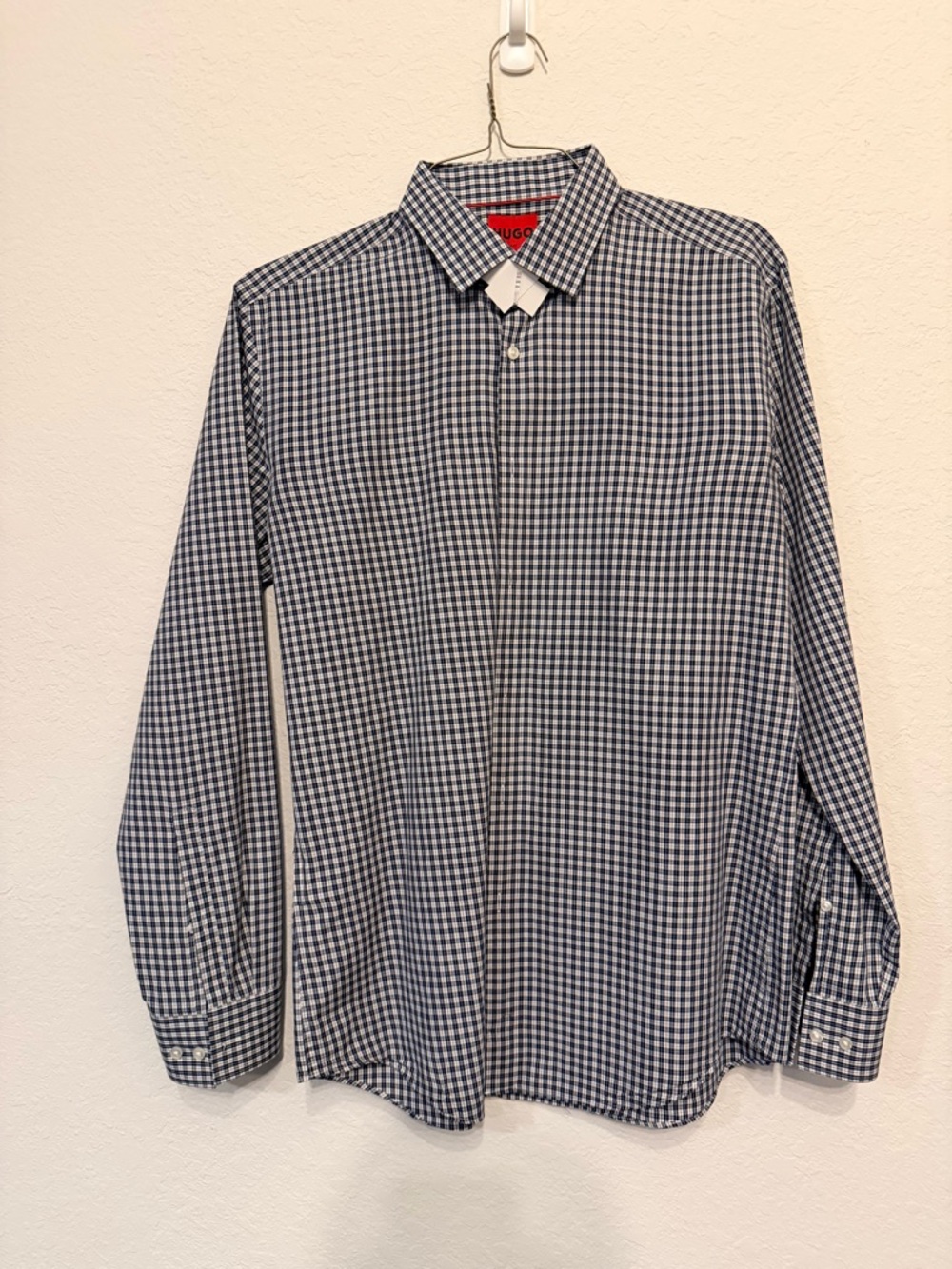 HUGO Men's Navy and White Gingham Dress Shirt